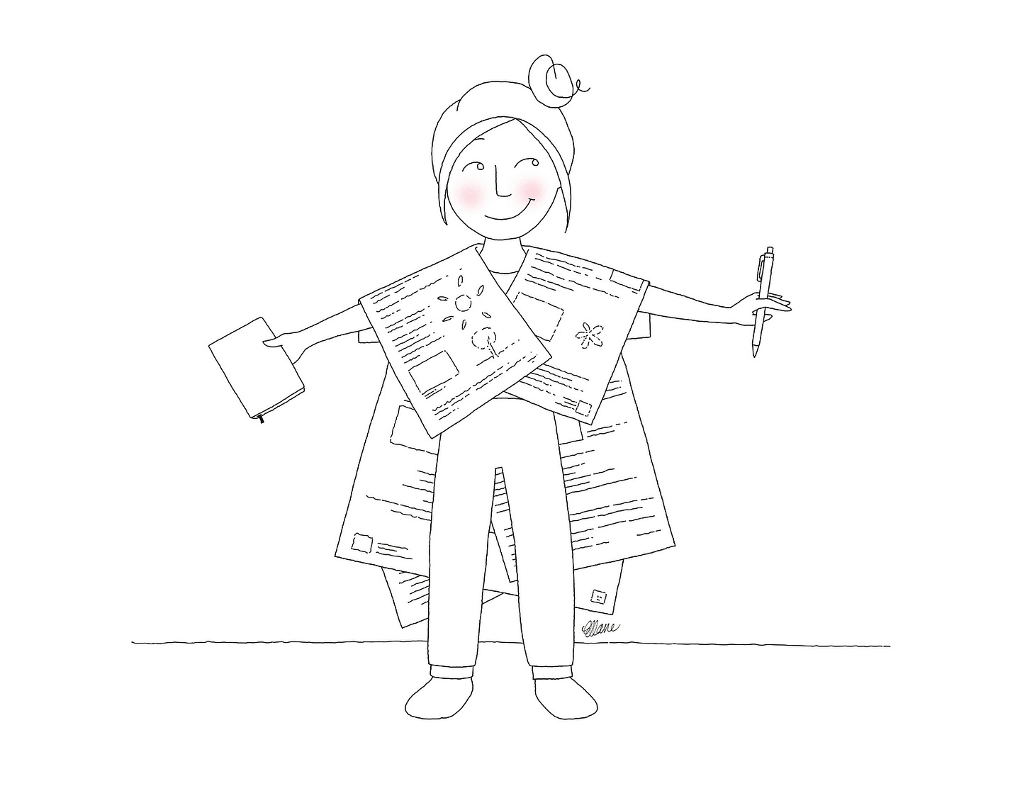 Cartoon line drawing of a smiling figure wearing a robe made from folded paper. They are holding a notebook in one outstretched hand, and a pen in the other.