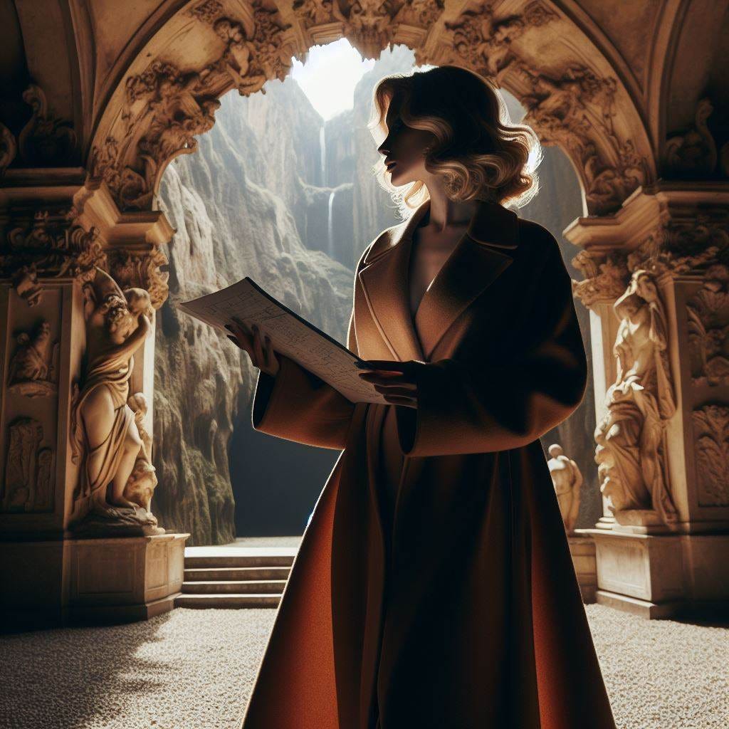 show me a wide shot of an elegant curvacipus plus size blonde female Professor dressed in a long camel coat in silhouette on sabbatical researching a Renaissance grotto in the style of the grotta grande in the boboli gardens 