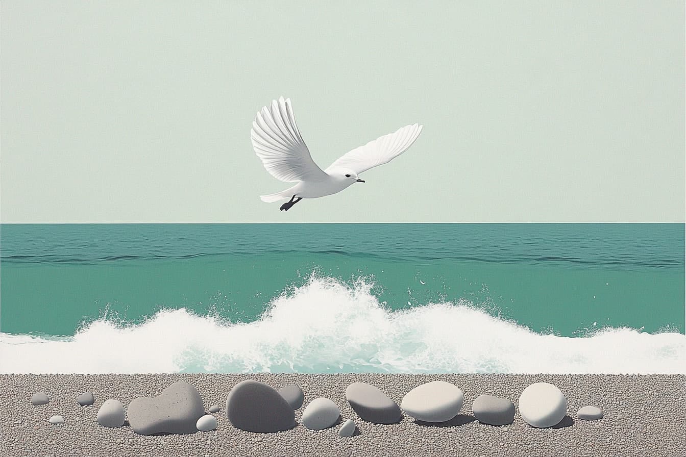 illustration of a bird flying over a beach with rocks