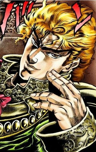 Un panel de manga coloreado con un hombre rubio que tiene hasta las manos musculadas mirando arrogantemente a cámara. Lleva un traje de época no determinaba verde, muy adornado.