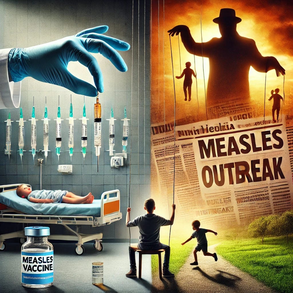 A powerful and striking visual representation of the measles vaccine debate. The image features a dramatic contrast: on one side, a bright, sterile hospital setting with a child receiving a vaccine, and on the other, a natural, warm-toned scene of a child playing outside, symbolizing natural immunity. Between them, a blurred newspaper with exaggerated headlines about a 'measles outbreak' and a shadowy figure pulling puppet strings in the background, representing media fear-mongering. The composition is balanced yet thought-provoking, leaving space for the viewer to interpret.