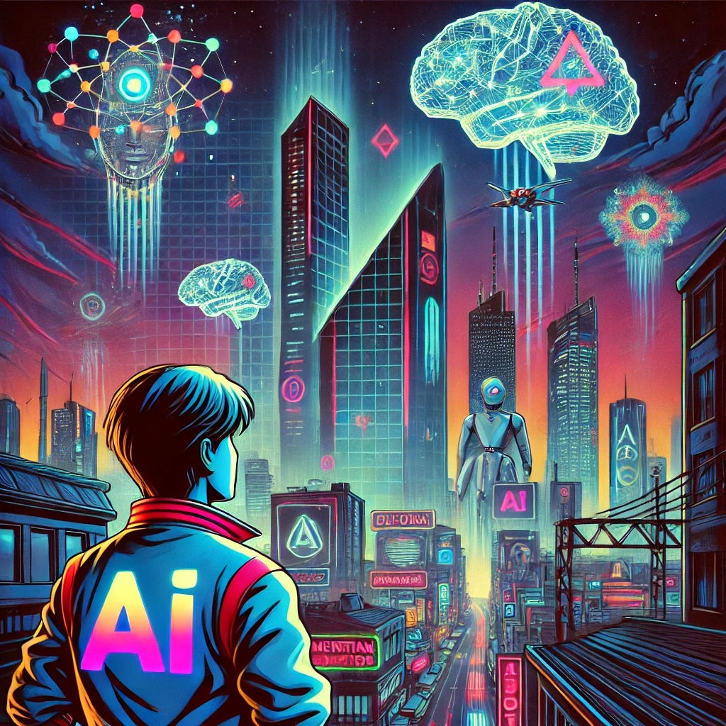 A futuristic cityscape in the style of 80's manga, featuring cyberpunk elements and a surreal AI theme. The foreground shows a young protagonist in a retro 80's manga-style jacket with glowing AI symbols, looking up at towering structures covered in holographic projections. Floating holographic thought bubbles filled with complex shapes and algorithms surround them, symbolizing dimensional reduction and AI cognition. The sky is dark, with vibrant neon lights casting dramatic shadows, and a robotic bird soaring above, representing evolution and technology. The overall scene has sharp lines, vibrant colors, and bold retro energy.