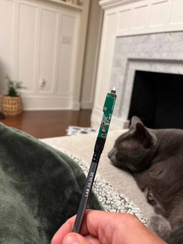 A Blackwing golf-length pencil with a hacked together recording device attached to the end, with Pixel, the best grey cat in the land, in the background.