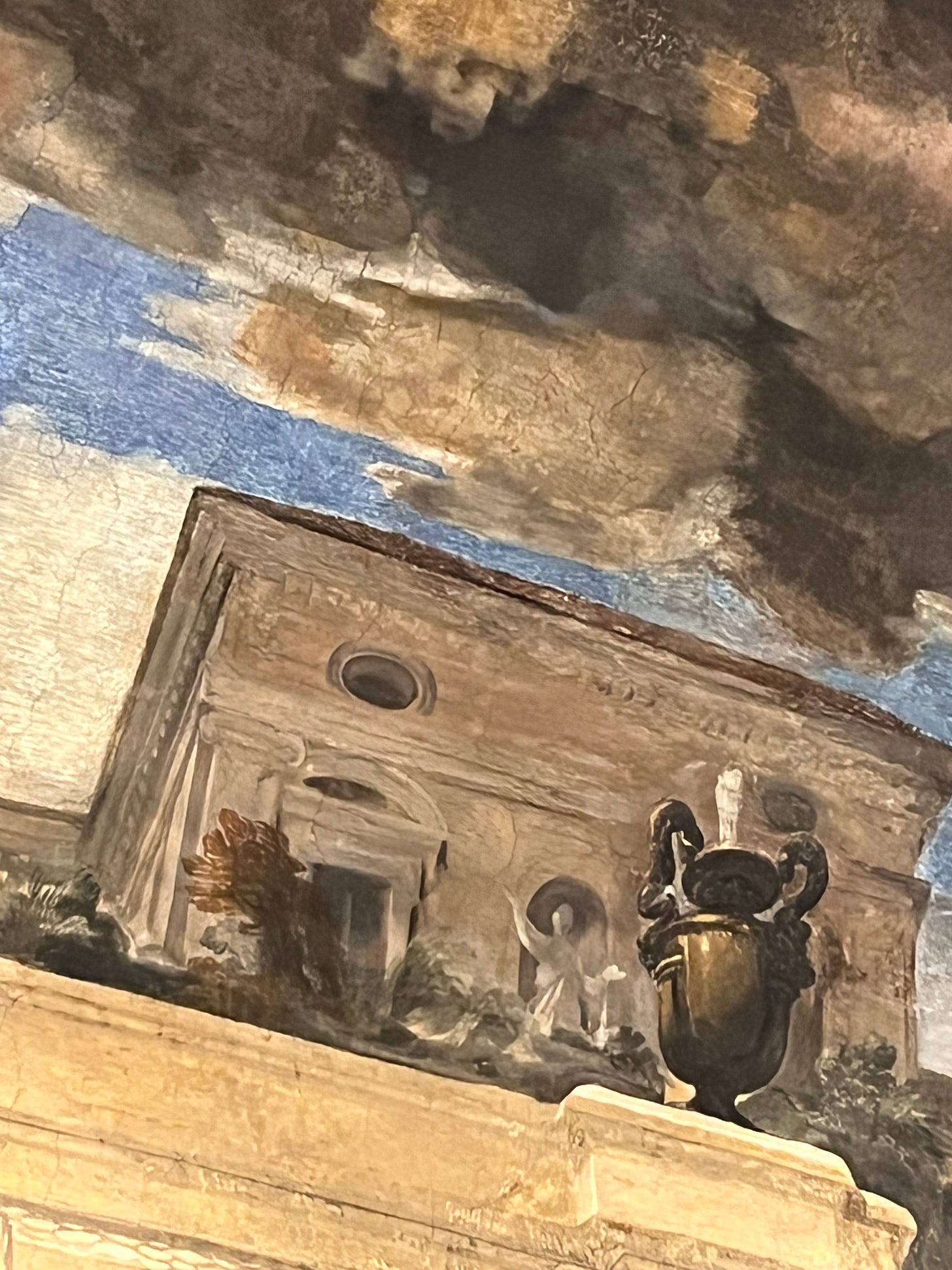 Guercino’s Aurora fresco at the Casino dell’Aurora in Rome, featuring a depiction of the casino itself within the artwork’s intricate Baroque details, photographed by Michelle Ciani.