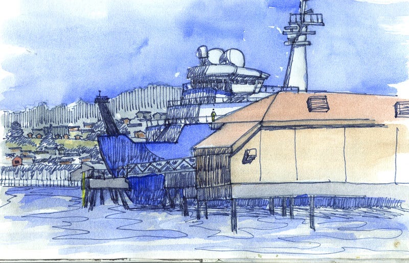 Sketch of research ship at Hatfield Marine Science Center