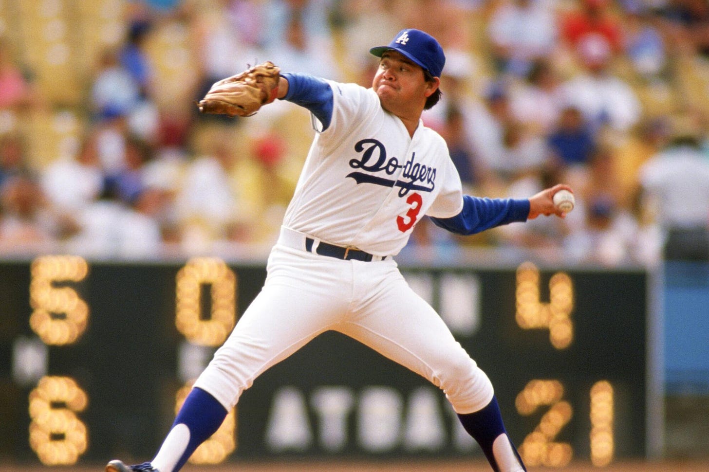 Dodgers pitcher Fernando Valenzuela delivers during a game at Dodger Stadium in 1988.