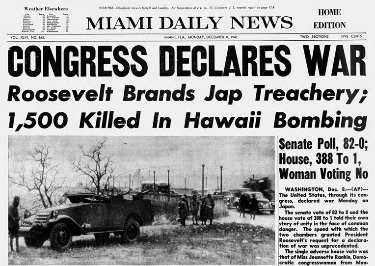 Front page of the Miami Daily News on December 8, 1941.