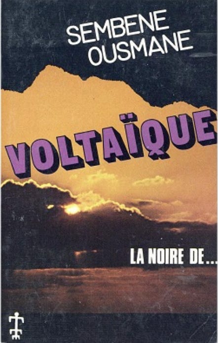 An image of a red cloudy sky as seen from a beach with the words Voltaique and La noire de printed on it. 