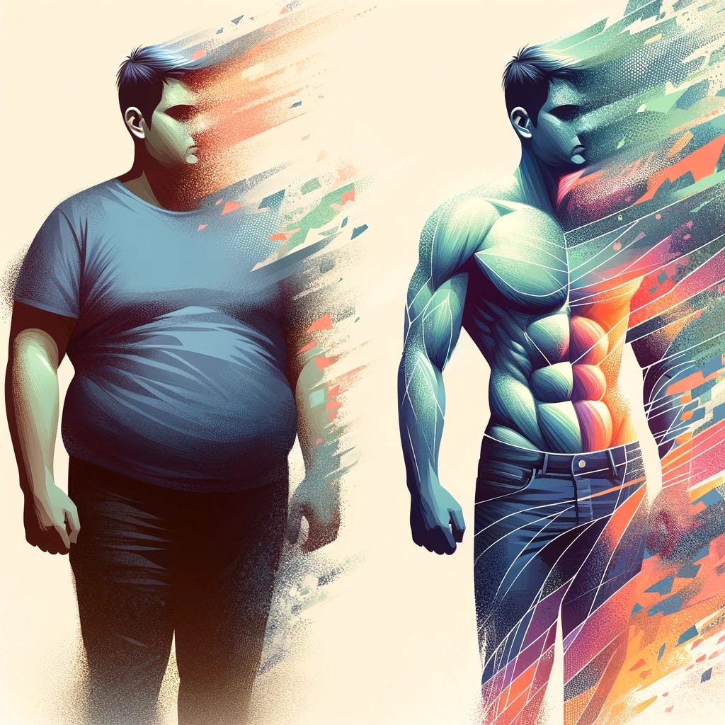 An artistic and dynamic illustration showing a person undergoing a transformation from being overweight to fit, symbolizing weight loss. The left side of the image depicts a slightly overweight individual, while the right side shows the same person in a leaner, more toned state. The transition between the two states is illustrated with visually appealing elements like fading colors and abstract shapes that represent shedding fat. The background should be minimalistic to keep the focus on the transformation. The style should be modern and inspiring, conveying a positive message about health and fitness.