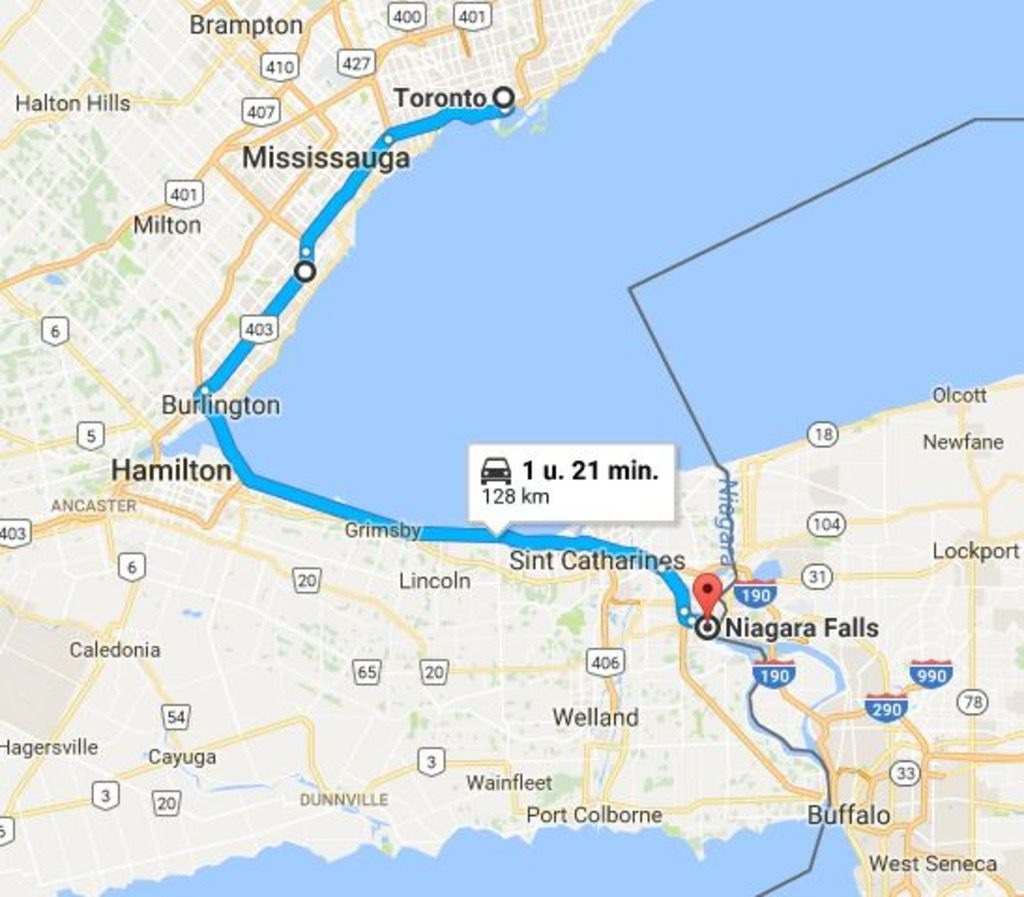 Toronto to Niagara Falls map