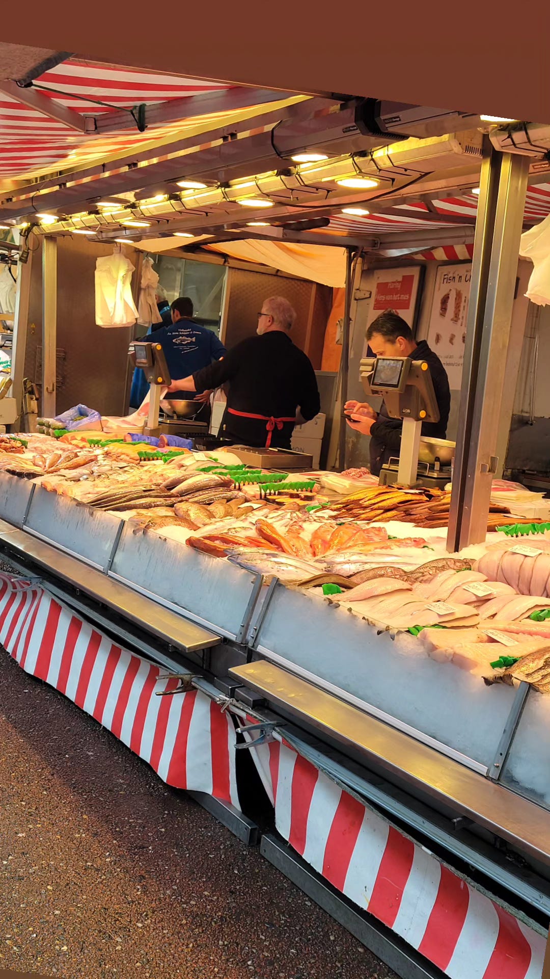 A photograph of merchants selling fresh fish at the Albert Cuyp street market.