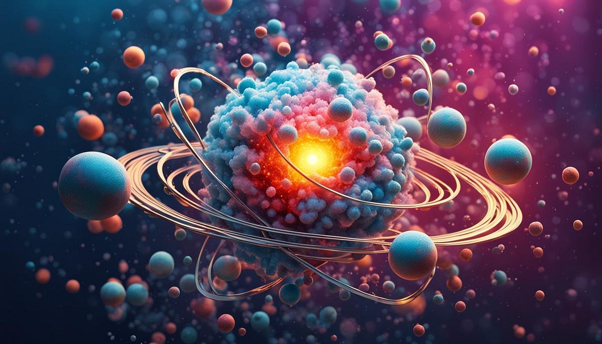 Electron cloud around nucleus of an atom, hyrpereal depiction