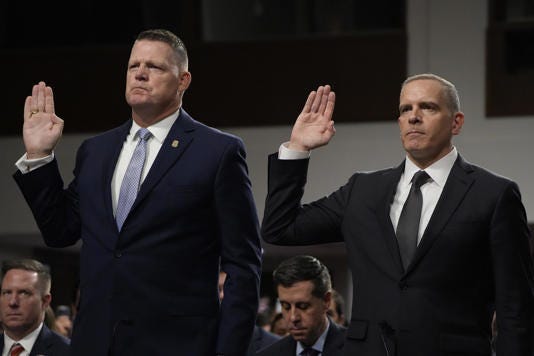 Ronald L. Rowe, Jr, Acting Director of the U.S. Secret Service, left, and Paul Abbate, Deputy Director of the Federal Bureau of Investigation, are sworn in to testify on the attempted assassination of former President Donald Trump during a joint hearing with the Senate Homeland Security Committee and the Senate Judiciary Committee on July 30, 2024 in Washington.