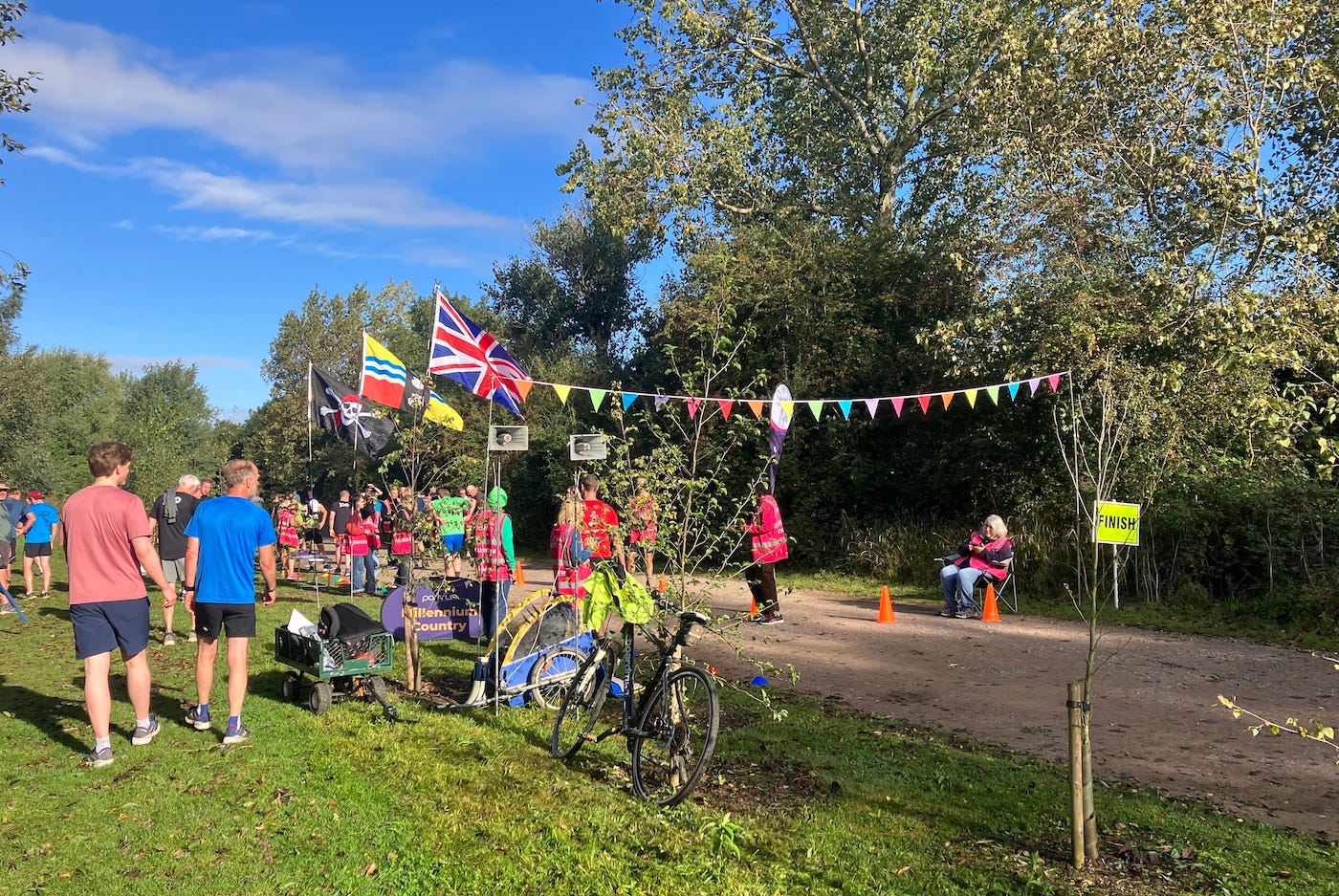 Bunting and flags mark the finish