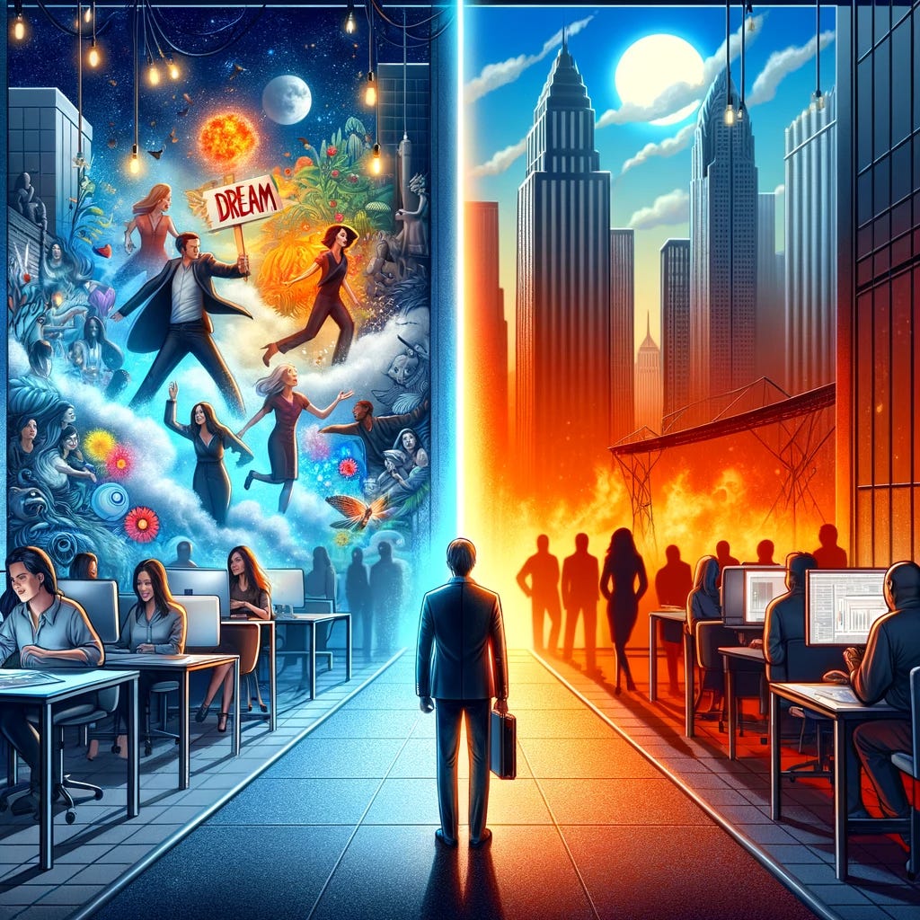 Create an image showcasing a person caught in a dilemma, standing between two contrasting worlds on a split screen. On the left side, illustrate the person's ideal job where they are depicted as incredibly happy and fulfilled, working in a vibrant, dynamic environment that aligns perfectly with their passion and values. They could be surrounded by creative projects, engaged colleagues, and a sense of purpose that lights up their face with joy. On the right side, present the dream but unideal company, where despite the company's high prestige and the allure of success it represents, the person stands unhappy and disengaged. This side shows a stark, corporate setting, where the individual feels out of place and disconnected from their work, overshadowed by the cold, impersonal atmosphere of a large, bureaucratic organization. The person in the middle embodies the poignant contrast of where they find true happiness versus the allure of a dream company that doesn't fulfill them, highlighting the importance of personal fulfillment over brand prestige.