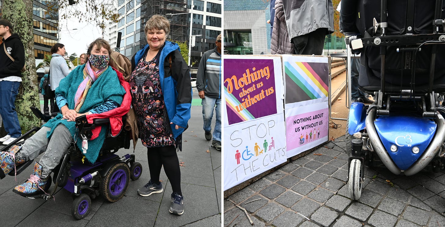 Image description: A collage of images from a protest. Two disabled women pose for a photo on Queen Street; one is using a powered-wheelchair and wears a face mask. Another photo shows a powered-wheelchair rolling next to signs that read: Nothing about us without us, and Stop the cuts.