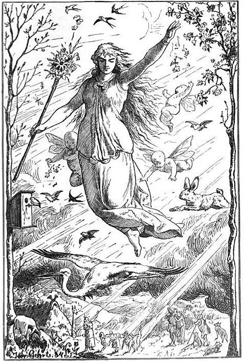 A black and white drawing of Ostara prancing in the forest with birds, cherubs, and a rabbit behind her.