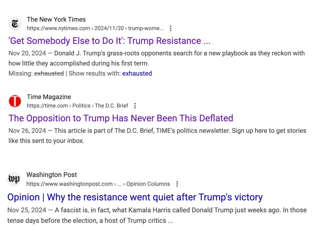 A series of headlines from NYTimes. Time, and WaPo suggesting the resistance is over, dead, or asleep