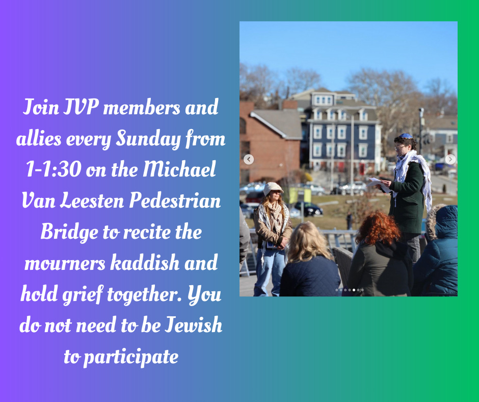 Event image for JVP Weekly Kaddish, showing informational text on the left and a photo of people gathered on the right