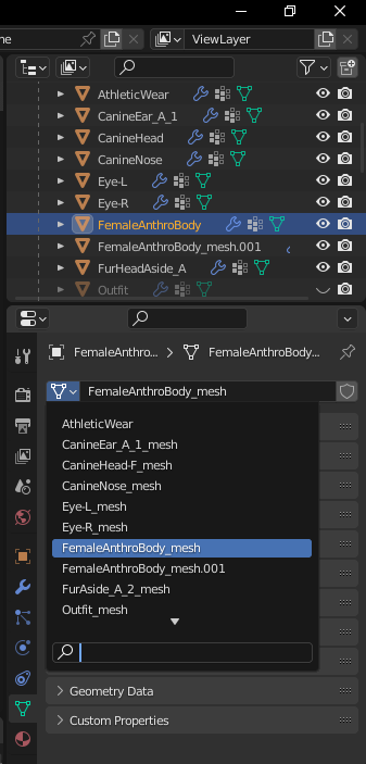 The object 'FemaleAnhroBody' is selected in Outliner, changing the mesh in Object Data Properties.