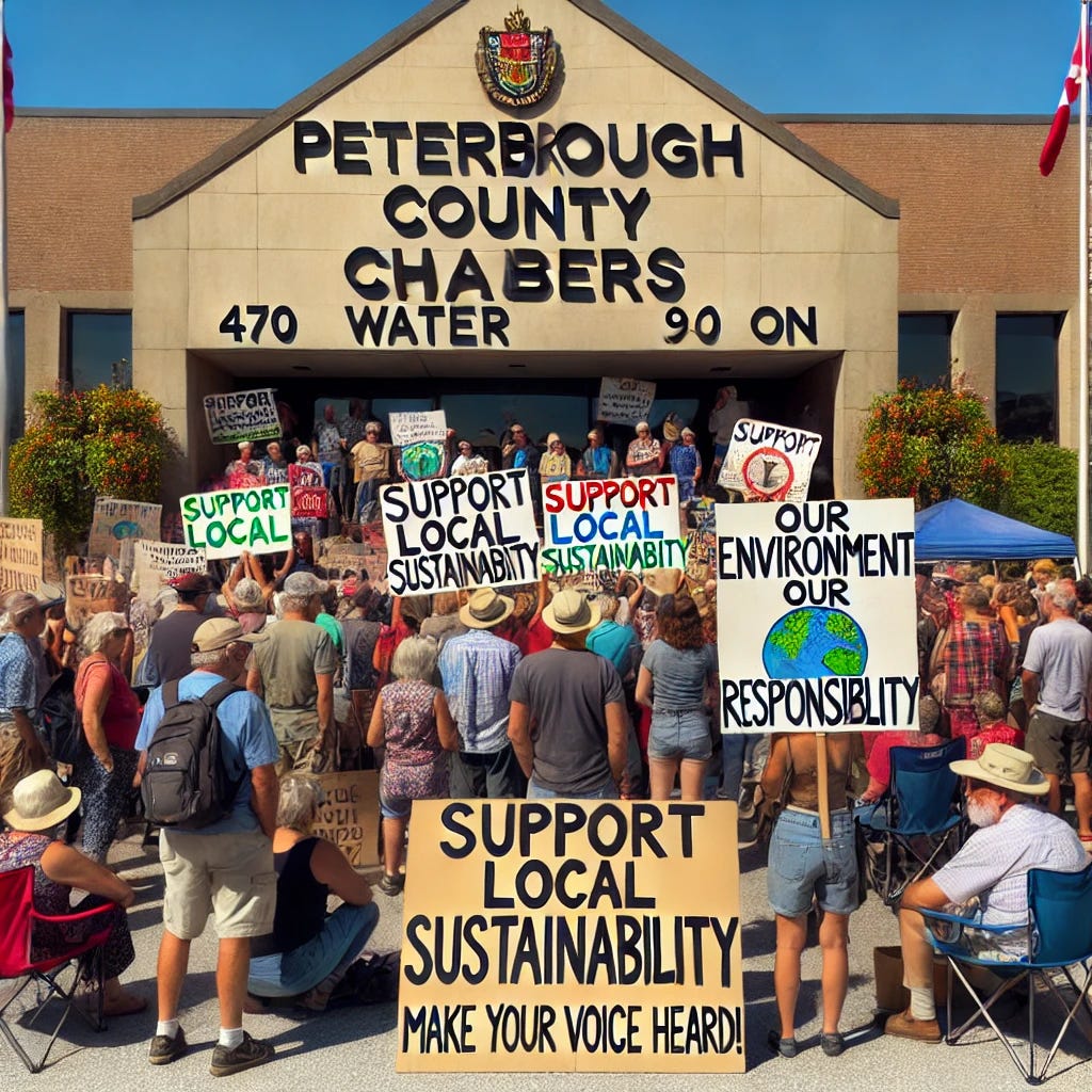 A vibrant community gathering at the entrance of Peterborough County Chambers, located at 470 Water Street, Peterborough, ON. The scene includes people of various ages holding signs that advocate for local environmental stewardship and sustainability. The signs read messages like 'Support Local Sustainability' and 'Our Environment, Our Responsibility.' The County Chambers building is prominent in the background with clear signage. The atmosphere is one of unity and purpose, with community members engaged and supportive. The weather is clear, with a bright sky that enhances the hopeful mood. At the bottom, a bold call to action reads, 'Join Us on September 18, 9:30 AM - Make Your Voice Heard!'