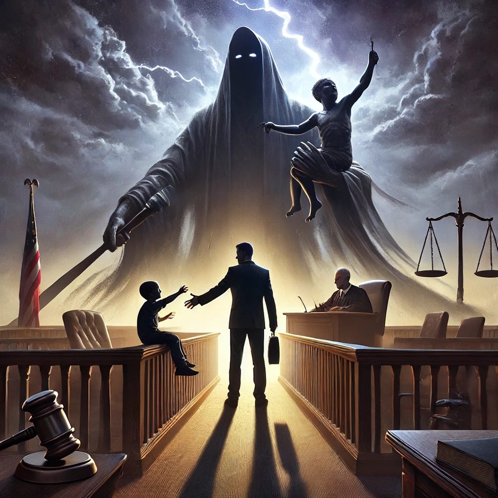 An evocative image representing the themes of the book 'The Respondent: A True Story—Exposing the Cartel of Family Law' by Greg Ellis. The scene features a courtroom setting with a shadowy, imposing figure holding a gavel, symbolizing the systemic control of family courts. In the foreground, a father reaches out toward two children separated by a chasm, representing the emotional and physical divide caused by the court system. The background depicts stormy skies, transitioning to a faint ray of light, symbolizing hope and the fight for justice. The tone is poignant and reflective.