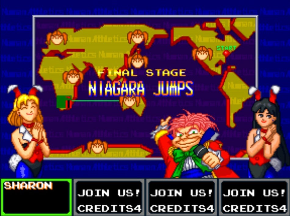 A screenshot of the map screen, which shows where the events are held, which athlete won win event, and also the name of the next event. In this case, Niagara Jumps, the Final Event. An announcer in very bright clothes is seen gesturing at the map, while two Playboy Bunny-esque women in costume look on with smiles and hands clasped flanking him.