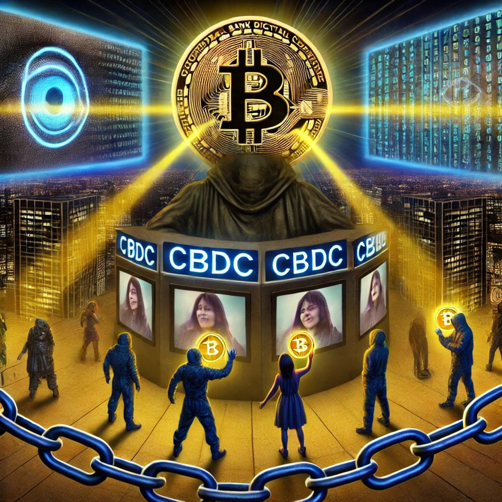 A dramatic illustration symbolizing threats to freedom from Central Bank Digital Currencies (CBDCs). Depict a dystopian cityscape where individuals are surrounded by digital chains and screens displaying government surveillance symbols. A massive, glowing coin labeled 'CBDC' looms ominously in the sky, emitting rays that seem to control the citizens below. People are monitored through facial recognition and tracked transactions, with some trying to escape into the shadows, clutching glowing Bitcoin symbols as a symbol of resistance. The art style is dark, futuristic, and thought-provoking, emphasizing themes of control versus freedom.