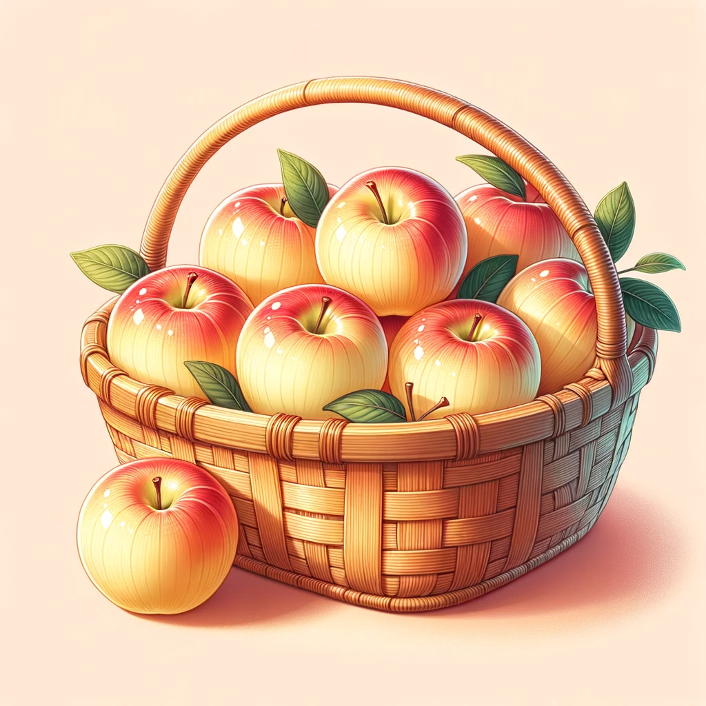illustration of a handcrafted bamboo basket holding fresh, crisp ambrosia apples with their distinct red blush and creamy yellow background, set against a pastel-colored backdrop.