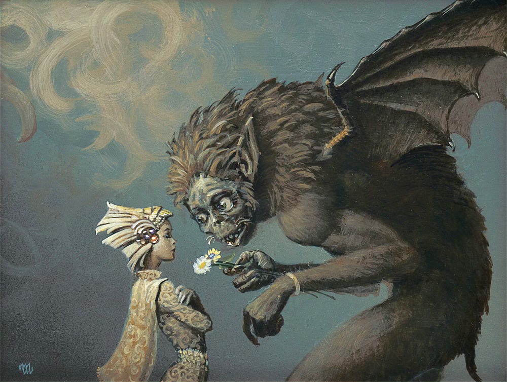 A monstrous furry creature with bat ears and wings lowers itself to present a pair of daisies to a young girl in regal garb. Despite its hulking presence, it has an innocent look as it furrows its brow and offers the flowers with imploring eyes. The girl, wearing cape and sweeping headpiece, stands with arms crossed and eyes closed, offering only silent refusal to the gesture.