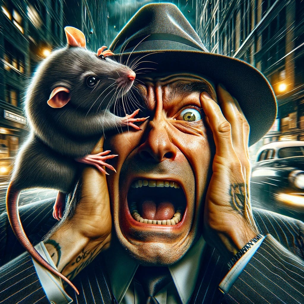 A chaotic scene featuring a mobster in a vintage suit and fedora, looking panicked and frantic. The mobster's face shows a mix of fear and anger, with wide eyes and a gaping mouth, as if he's yelling. A large, realistic rat is sitting directly on his face, covering one eye, with its tail wrapped around his ear. The mobster's hands are raised near his face, in a motion that suggests he is trying to swat or remove the rat. The background is a blurry, fast-moving city street at night, enhancing the sense of urgent movement and panic. At the top of the image, the title 'FIND THE RAT' is prominently displayed in bold, dramatic lettering.