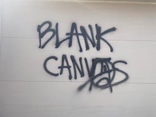 A white garage door, no longer blank, is spray painted with graffiti reading Blank Canvas.