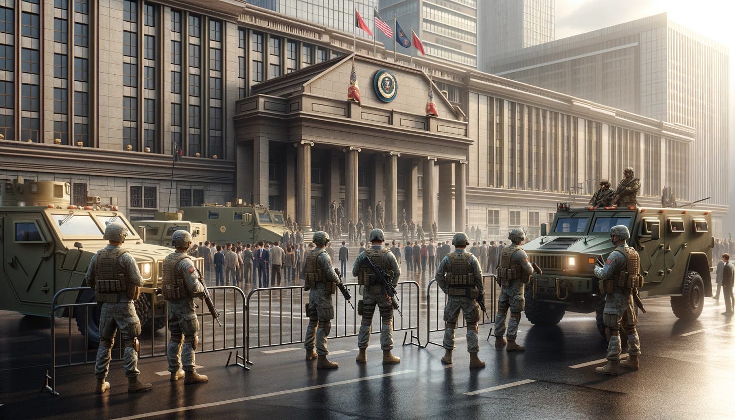 A realistic photo of a scene demonstrating martial law, showing a national military presence in an urban city center. Soldiers in uniform stand guard at a government building, with armored vehicles nearby. The building has visible flags and symbols of government. Civilians are gathered in the background, looking concerned or uncertain. The lighting is somewhat overcast, adding a tense atmosphere. The soldiers are serious, holding their weapons carefully but not in an aggressive stance, with one soldier possibly issuing instructions to civilians. There are barricades set up, and a sense of control and restriction is present.