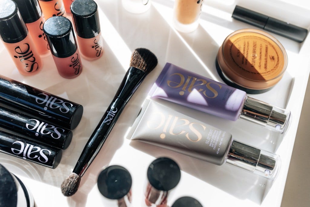 A group of makeup products on a table at Saie office in Chinatown, Manhattan, on October 28 2024.