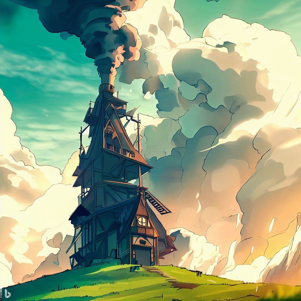a mad scientist's tower on a hill with smoke coming out, beautifaul anime