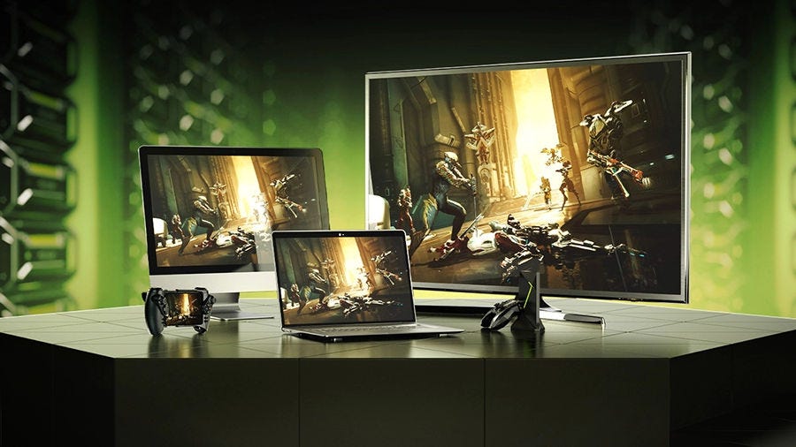 Several computer monitors playing a game through Nvidia GeForce Now