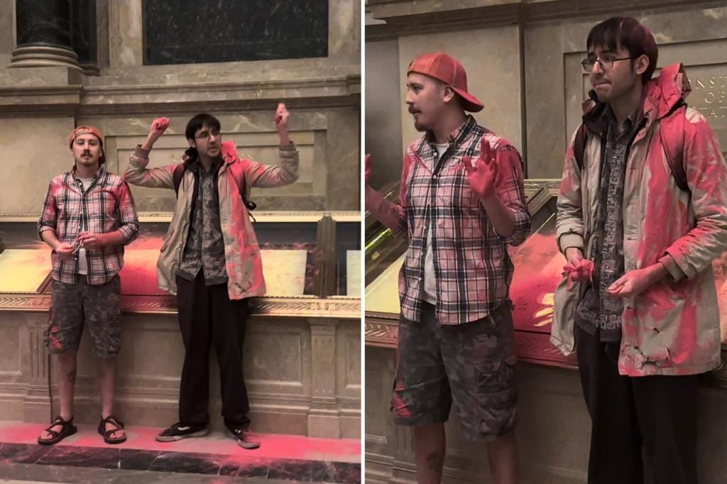 Climate activists dump pink powder on Constitution