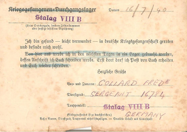 A postcard from Stalag VIII B transcribed in text beneath the image.