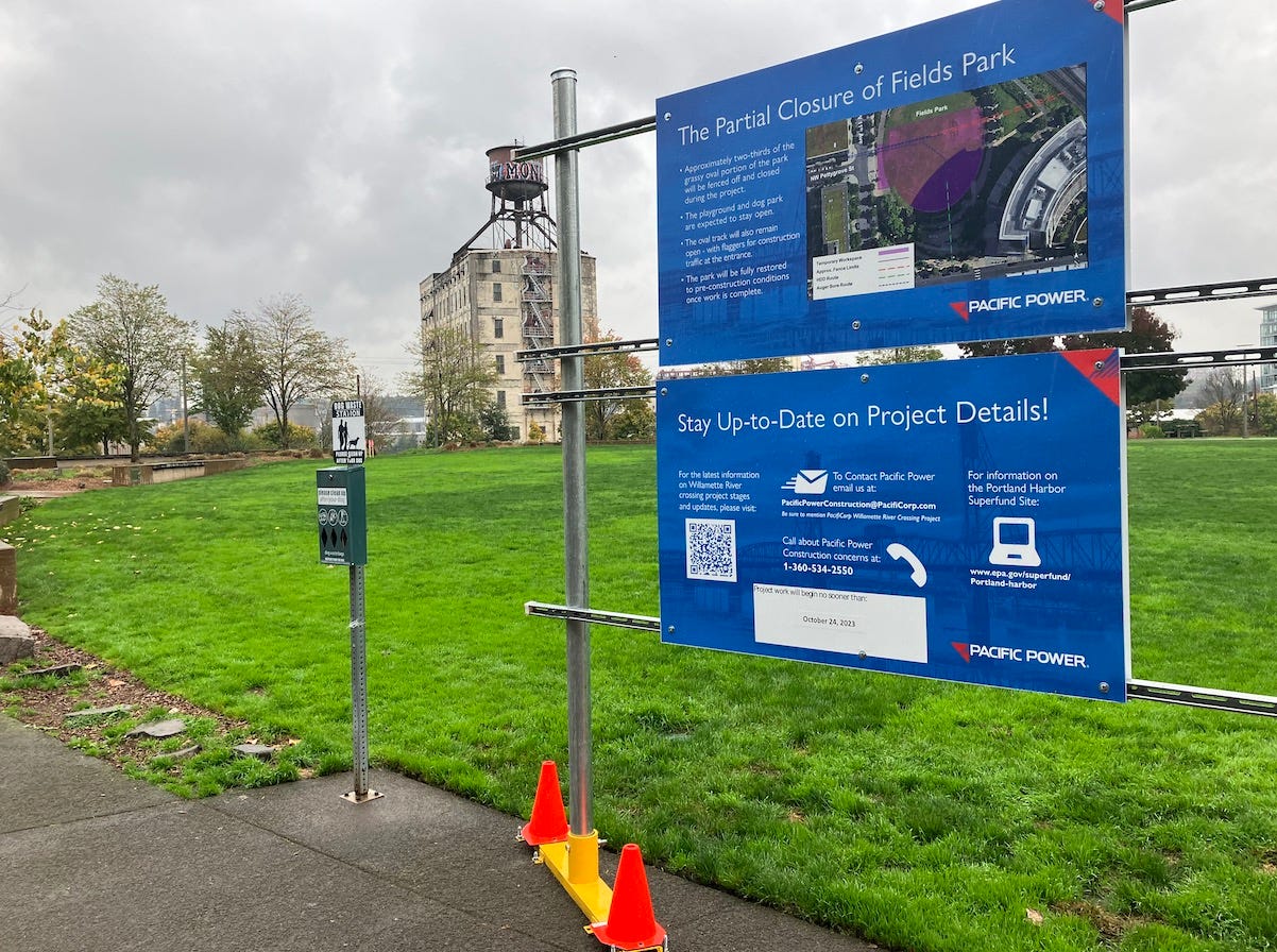 Picture of Pacific Power signage at The Fields Park, informing neighbors of construction work.