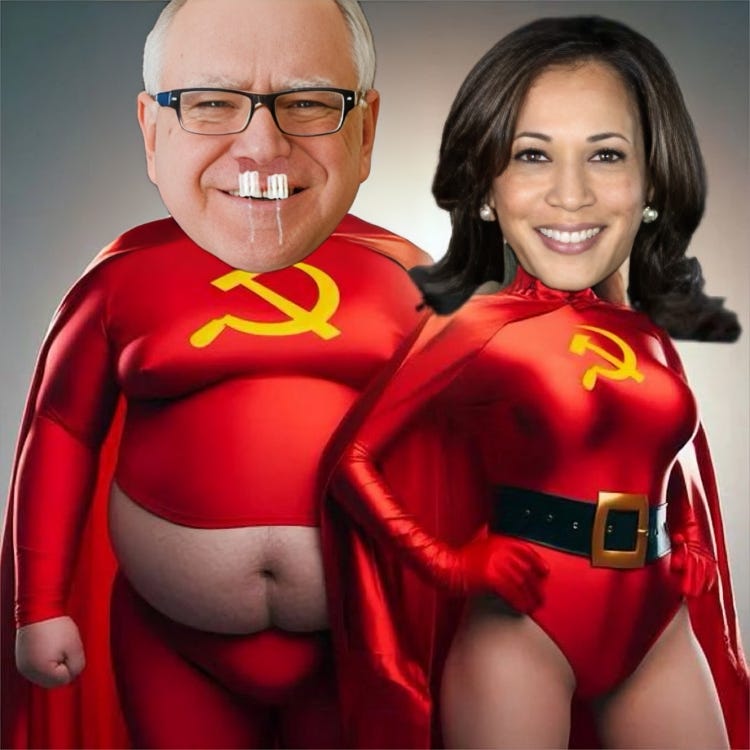 Satirical image of Kamala Harris and Tim Walz in superhero outfits with communist symbols, mocking their leadership.