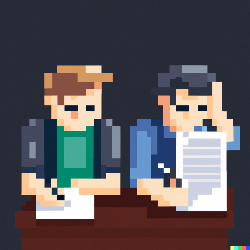 Pixel art of software engineers writing documents. 