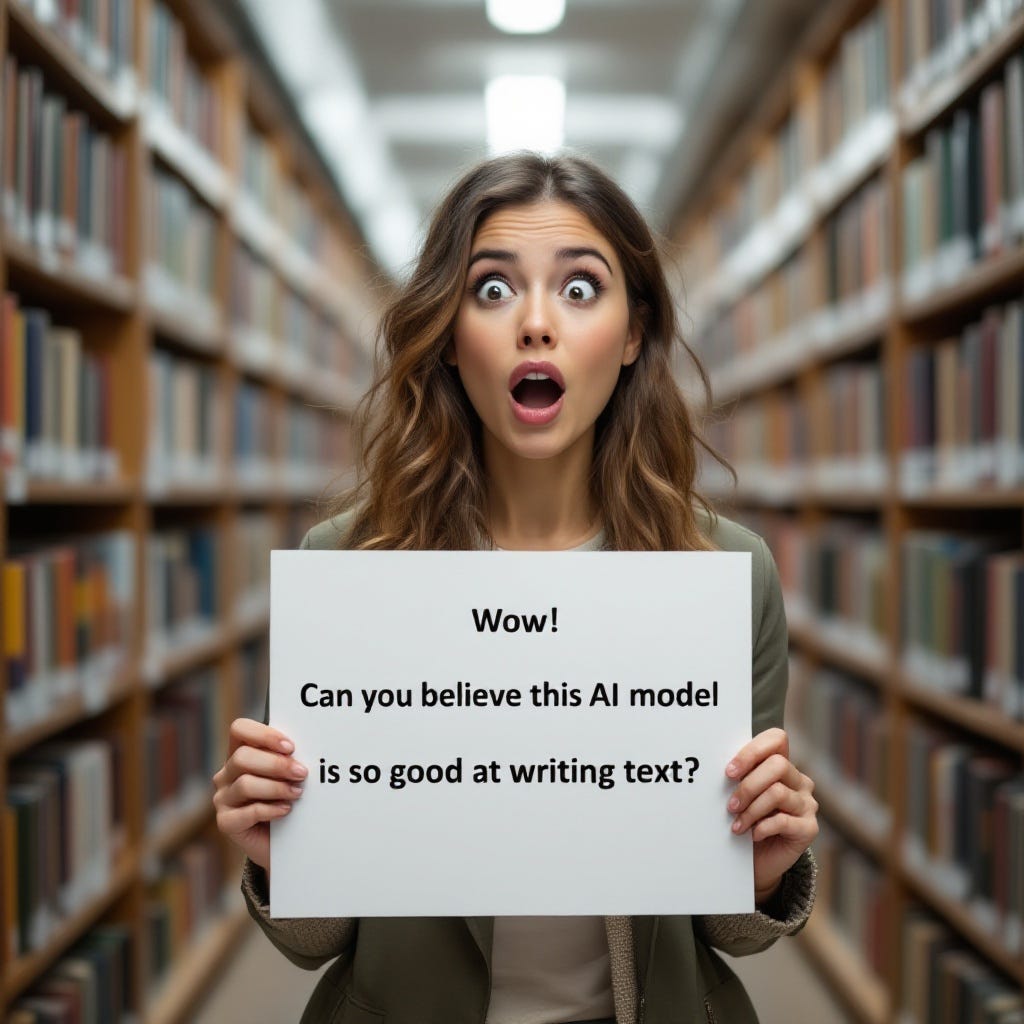 A woman with a shocked expression stands in the middle of a library. She's holding a sign that says "Wow! Can you believe this AI model is so good at writing text?” by FLUX