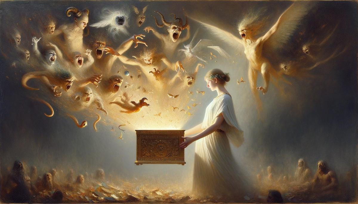 Pandora opening the gilded box, unleashing a swarm of ethereal, malevolent creatures representing the world's evils