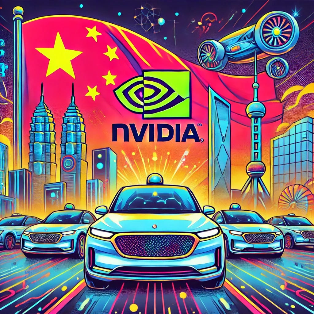 A vibrant, pop-art style 1920x1080 horizontal illustration featuring Nvidia's logo prominently displayed alongside Chinese symbols like the flag and skyline, surrounded by futuristic autonomous cars with a tech-savvy vibe. The cars have glowing AI elements, and the setting showcases a blend of innovation and modernity, emphasizing Nvidia's role in advancing autonomous vehicle technology in China.