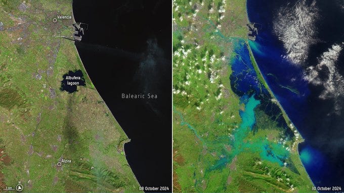 imagen satelital de la zona de Valencia y la albufera, en la que se percibe la magnitud de la inundación