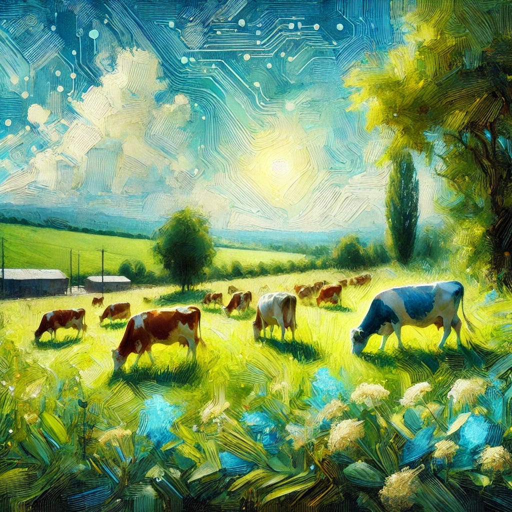 A vibrant, oil-painting style depiction of a serene agricultural landscape featuring a herd of cows grazing peacefully in a lush, green pasture. The scene highlights the natural beauty of the environment with expressive strokes and bold colors emphasizing the greenery, blue skies, and sunlight. The image subtly alludes to scientific innovation with a soft, symbolic glow around the cows, representing the methane-reducing feed additive in a harmonious integration with nature.