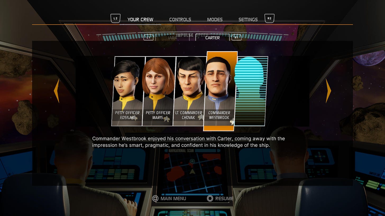 A grid of four characters. "Commander Westbrook enjoyed his conversation with Carter, coming away with the impression he's smart, pragmatic, and confident in his knowledge of the ship"