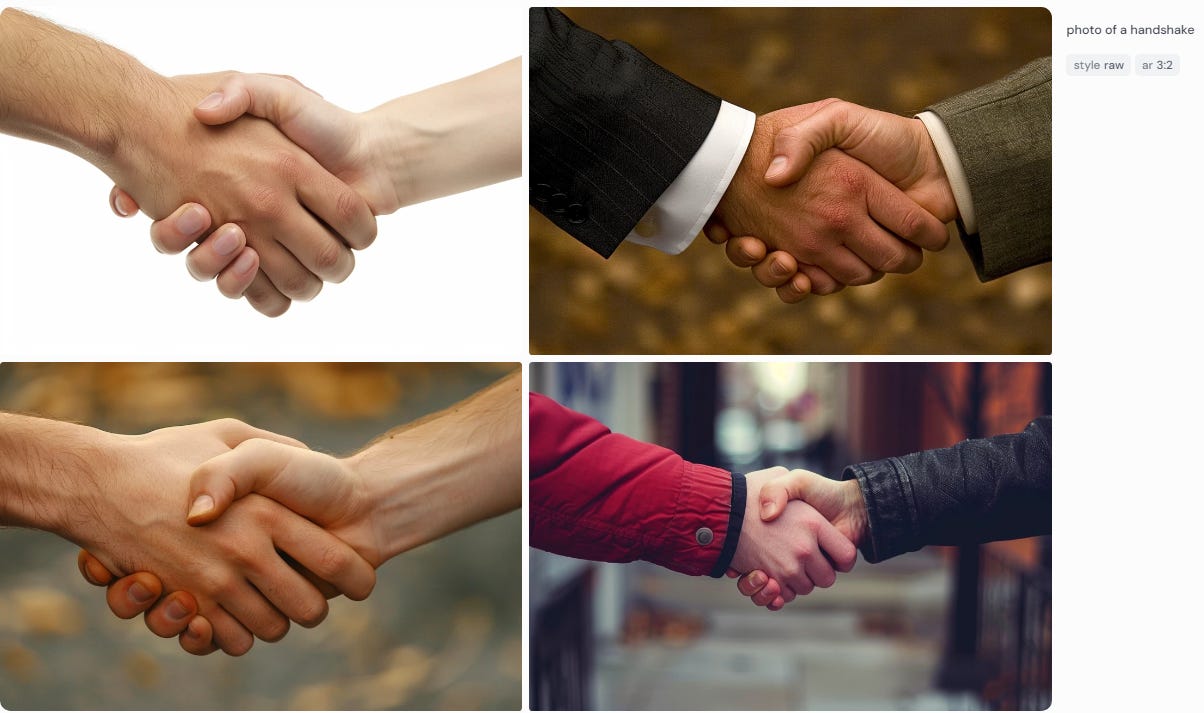 Four-image grid of a handshake from Midjourney