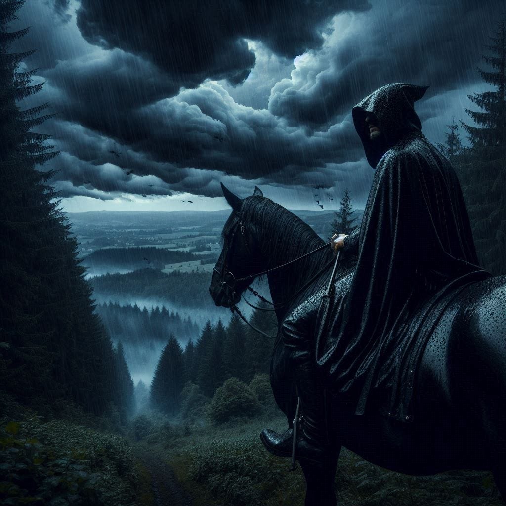 a dark storm, driving rain and black clouds over a German forest at night. A cloaked man sits astride a black horse, huntsman's horn in his hand.