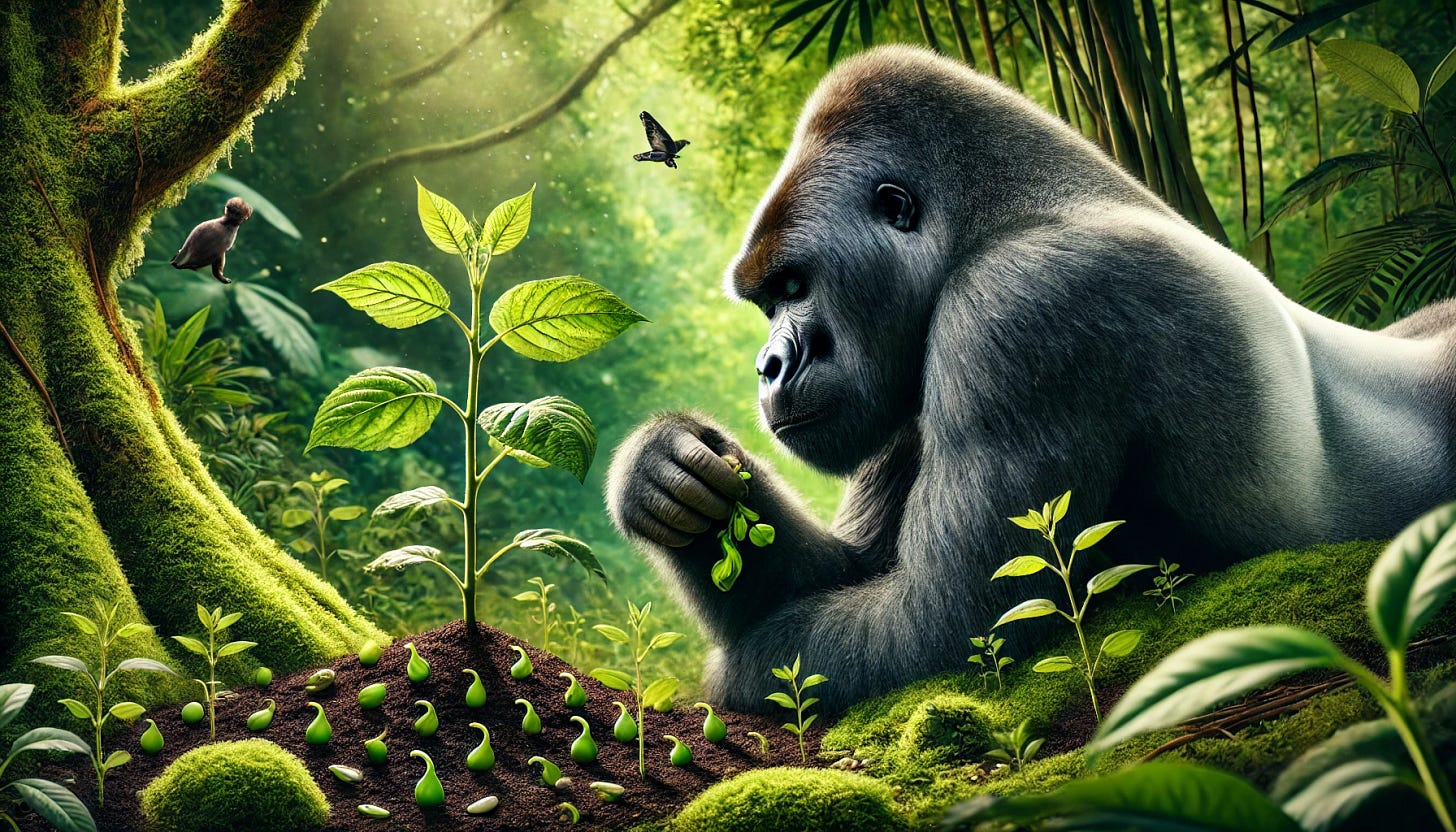 A large silverback gorilla peacefully eating plants in a lush, natural environment. Around the gorilla, seeds are sprouting and plants are emerging from the soil, symbolizing the interconnectedness of the animal's role in the ecosystem. The scene should emphasize the harmony between the gorilla, the plants it consumes, and the new plants growing from seeds. The setting is vibrant and green, highlighting the cycle of life in a serene, balanced environment.